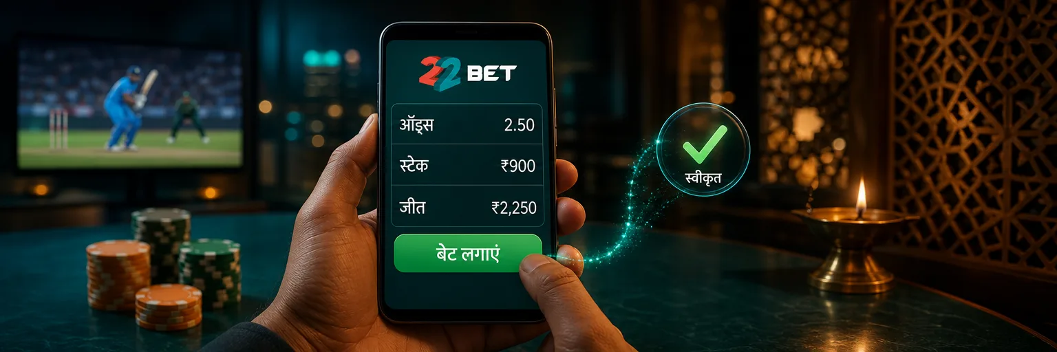 22बेट का बेटस्लिप: ₹900 स्टेक, 2.50 ऑड्स, ₹2,250 कुल रिटर्न और “बेट लगाएं” बटन